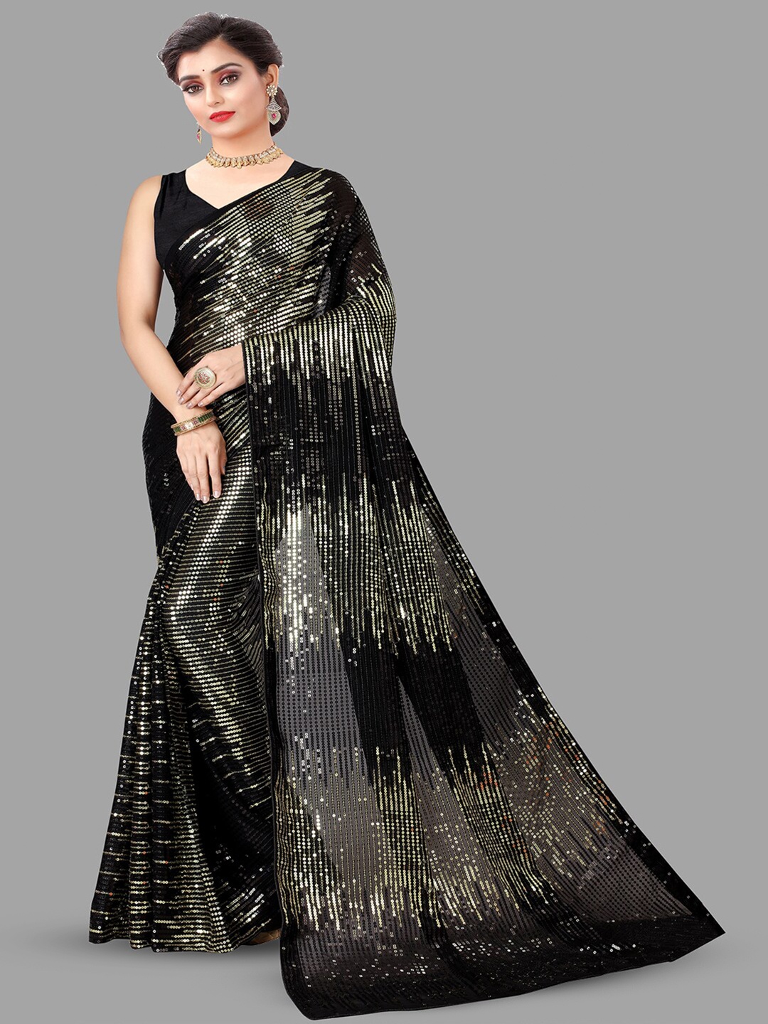 

B Bella Creation Embellished Sequinned Saree, Black