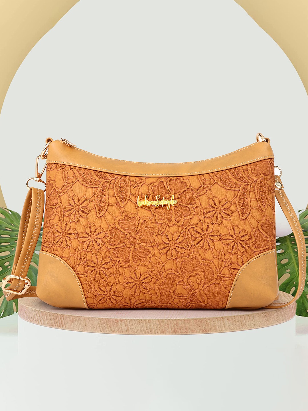 

LIKE STYLE Beige Floral PU Structured Sling Bag