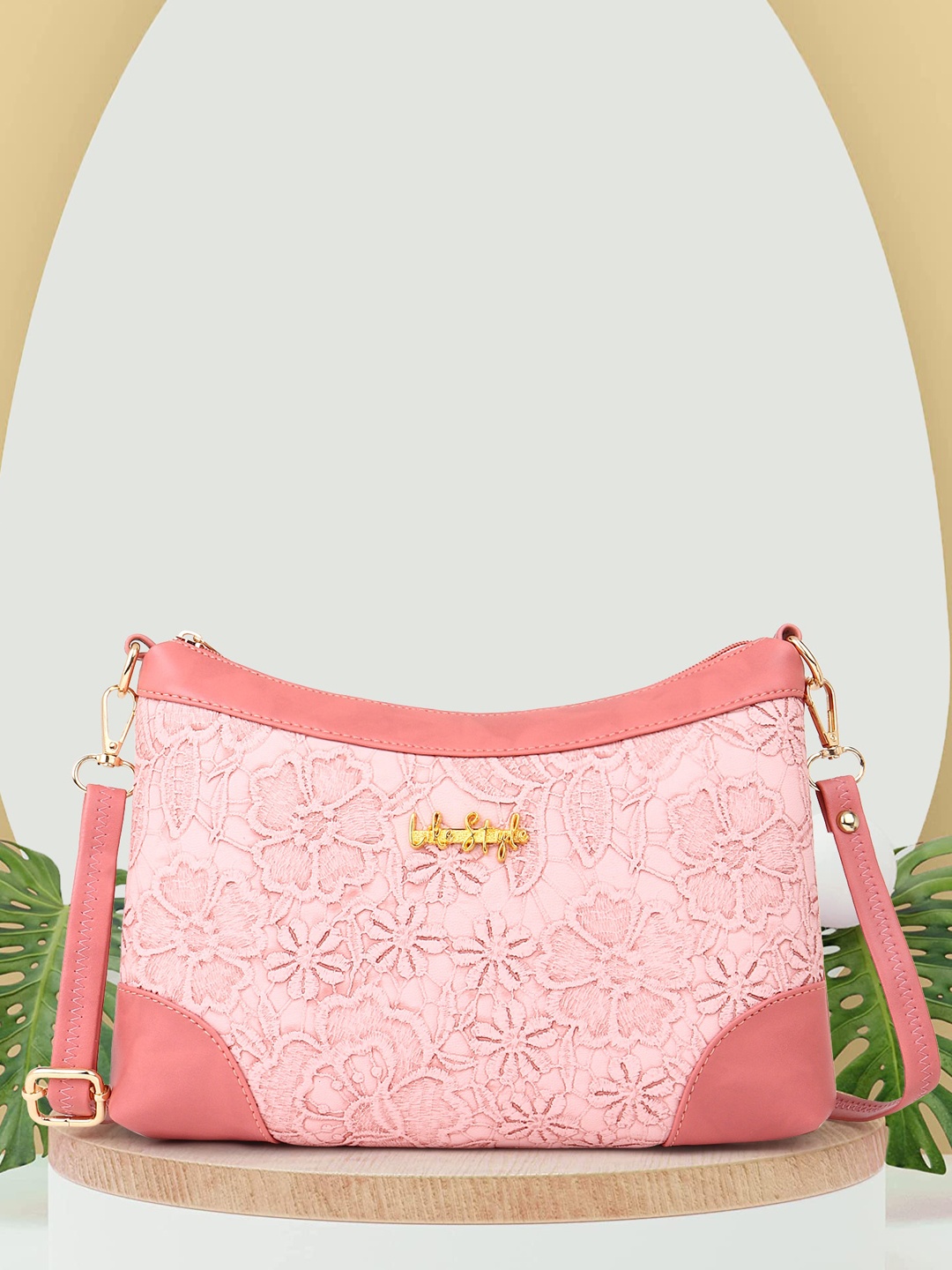 

LIKE STYLE Pink Floral PU Structured Sling Bag