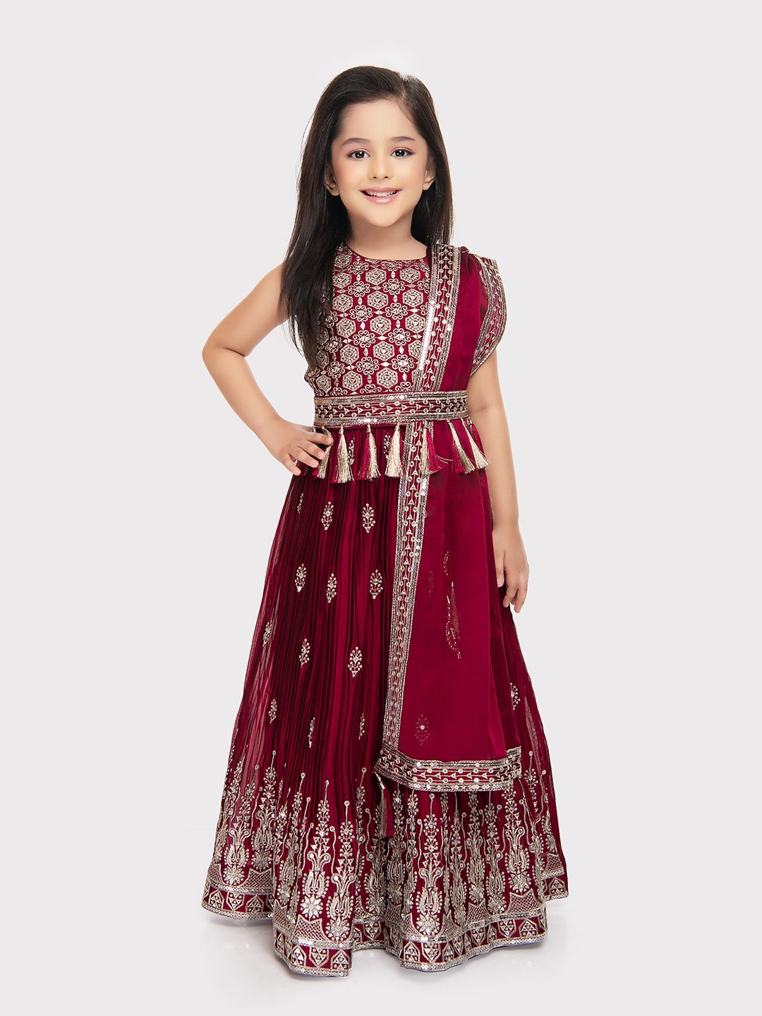 

Tiny Kingdom Girls Ethnic Motifs Embroidered Ready to Wear Lehenga & Blouse, Maroon