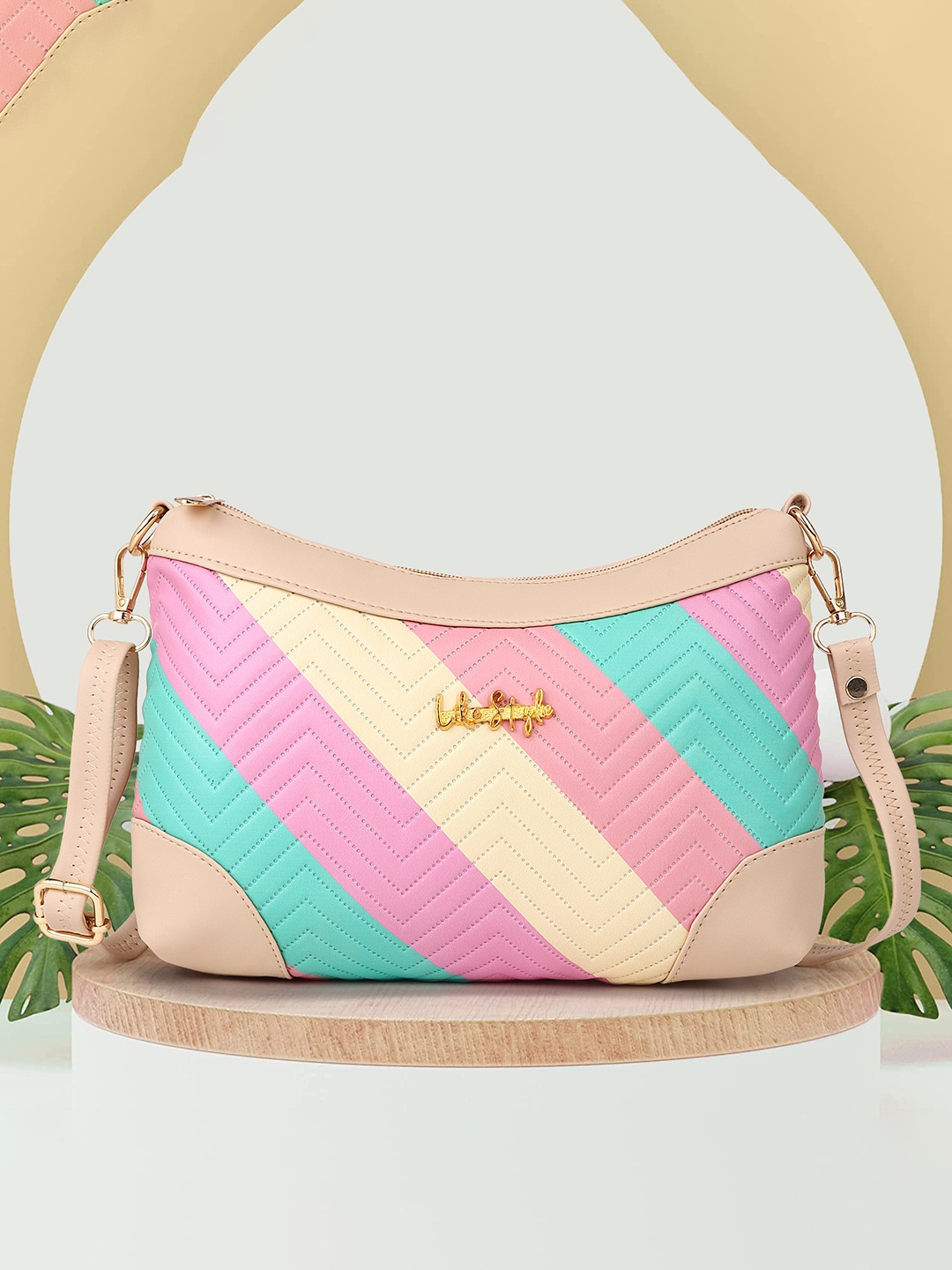 

LIKE STYLE Beige Striped PU Sling Bag