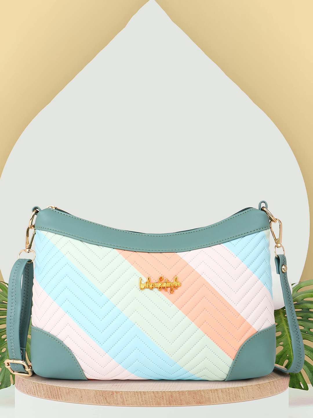 

LIKE STYLE Green Striped PU Sling Bag