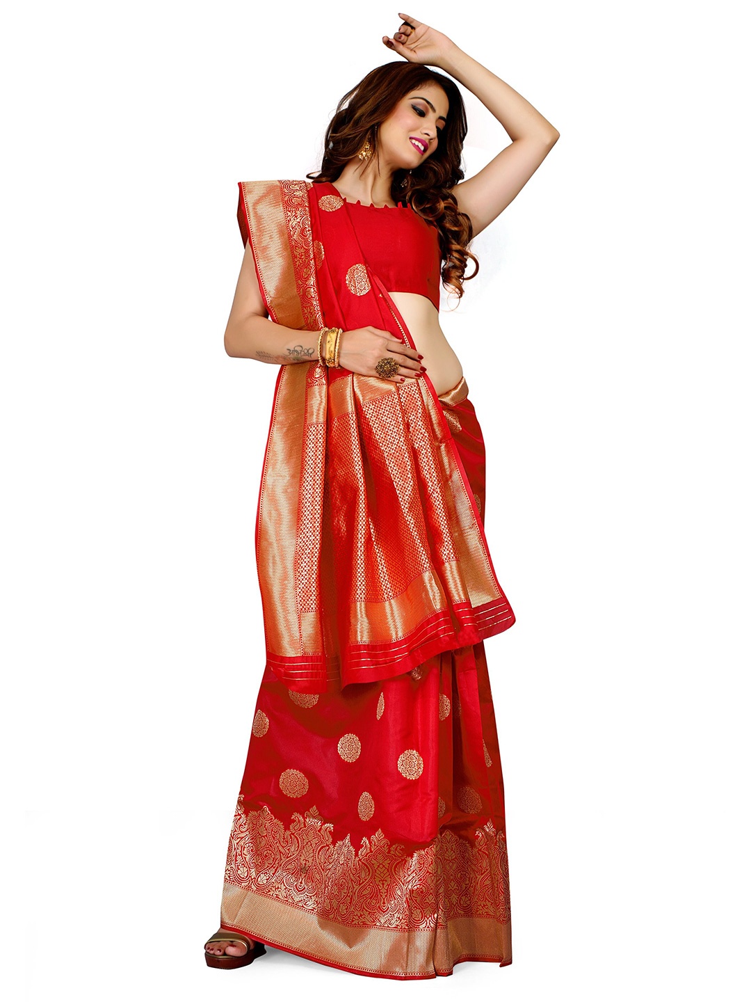 

HOMIGOZ Ethnic Motifs Woven Design Silk Blend Banarasi Saree, Red