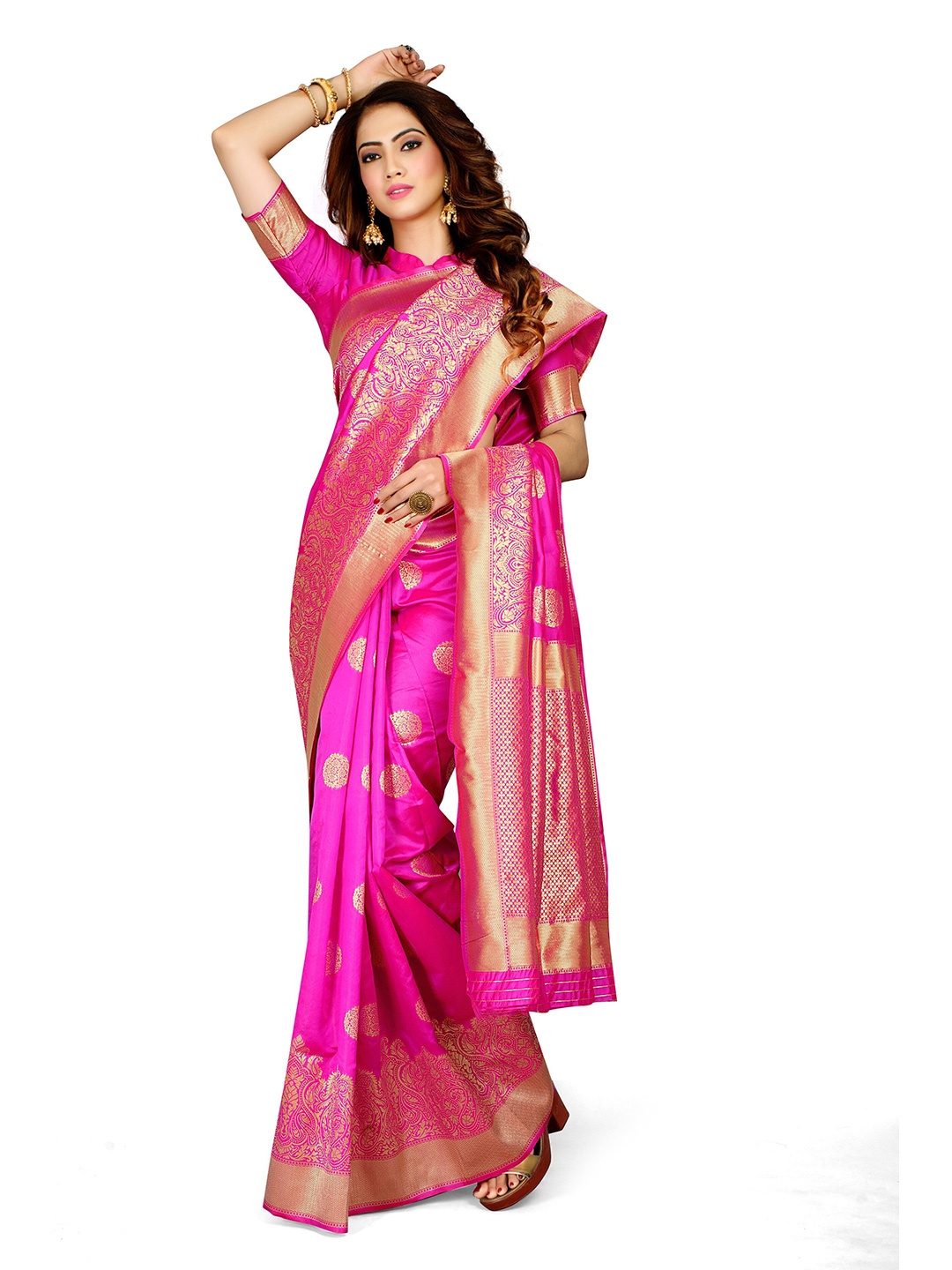 

HOMIGOZ Ethnic Motifs Woven Design Zari Banarasi Saree, Pink