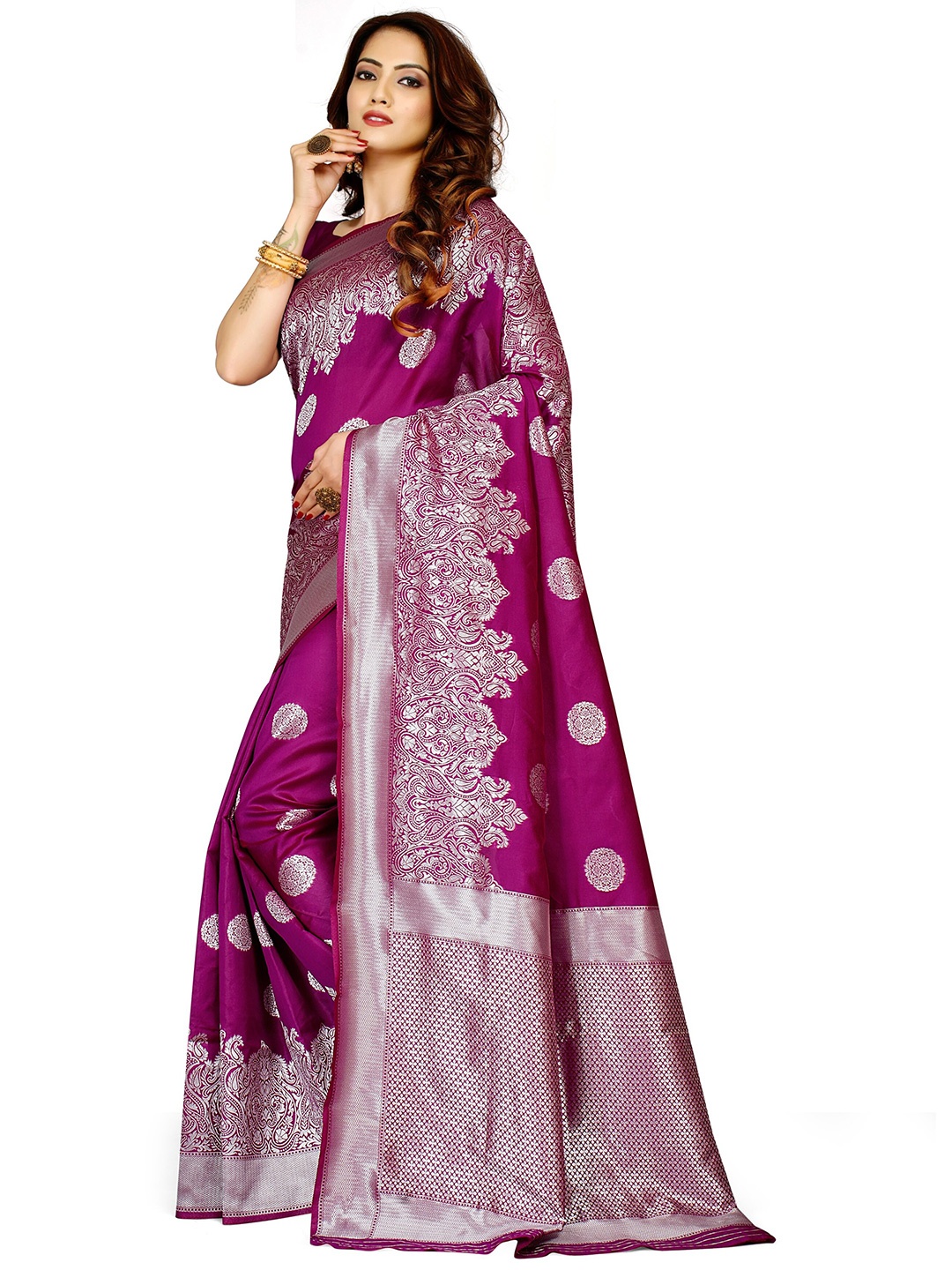 

HOMIGOZ Ethnic Motifs Woven Design Silk Blend Banarasi Saree, Purple