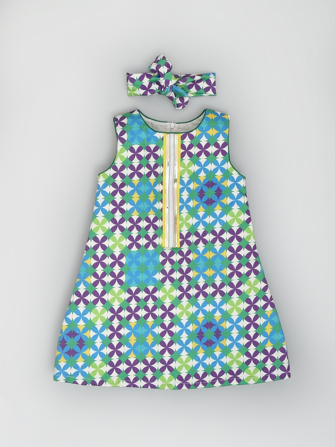 

BAESD Girls Printed Round Neck A-Line Dress With Hair Band, Blue