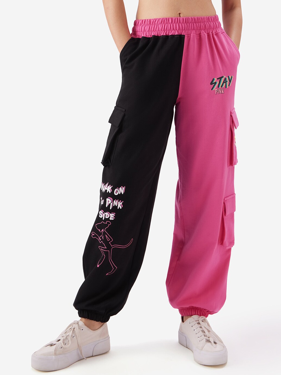 

The Souled Store Walk On The Pink Side Women Colourblocked Pure Cotton Joggers, Black