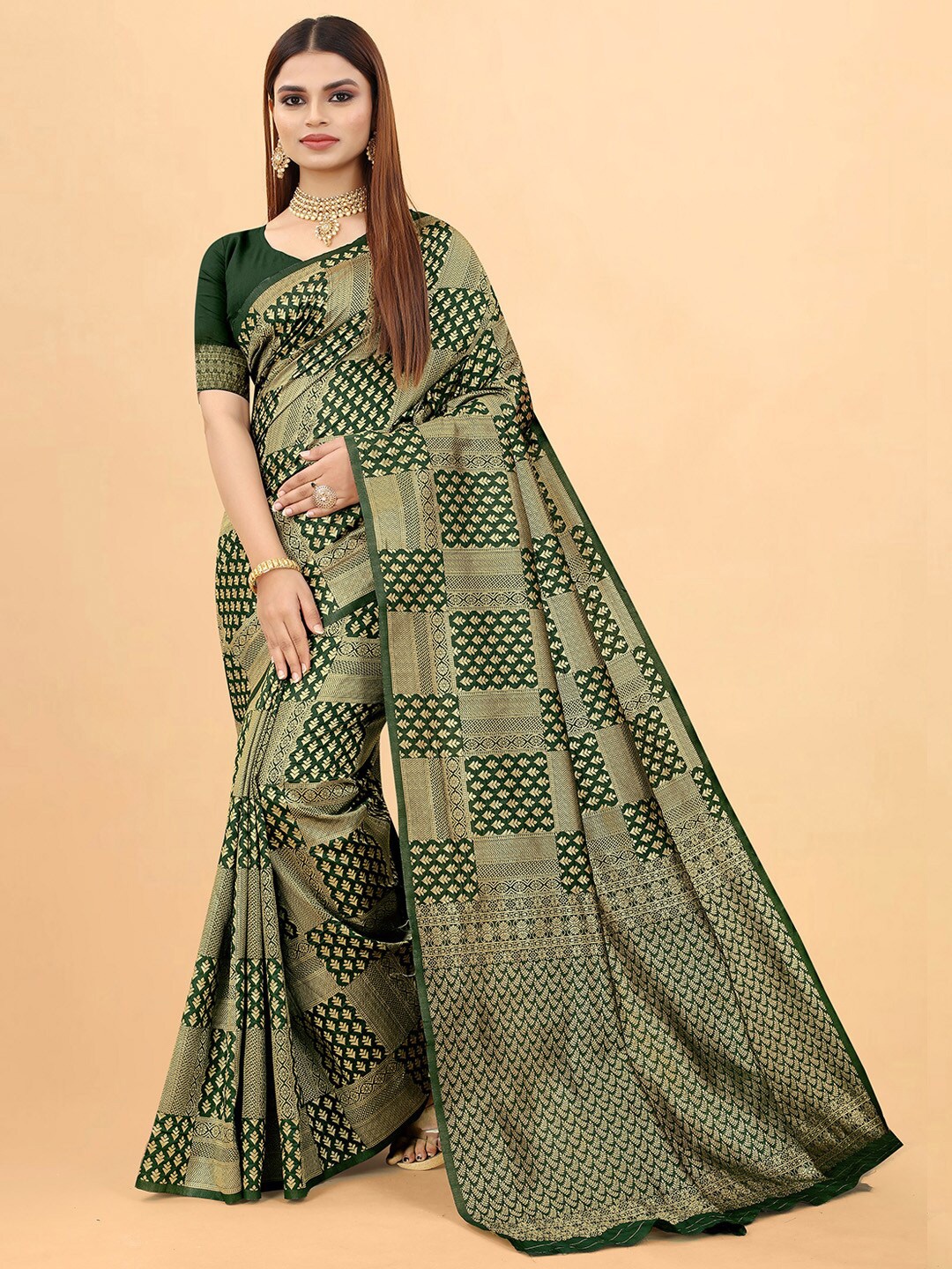 

B Bella Creation Floral Woven Design Zari Saree, Green