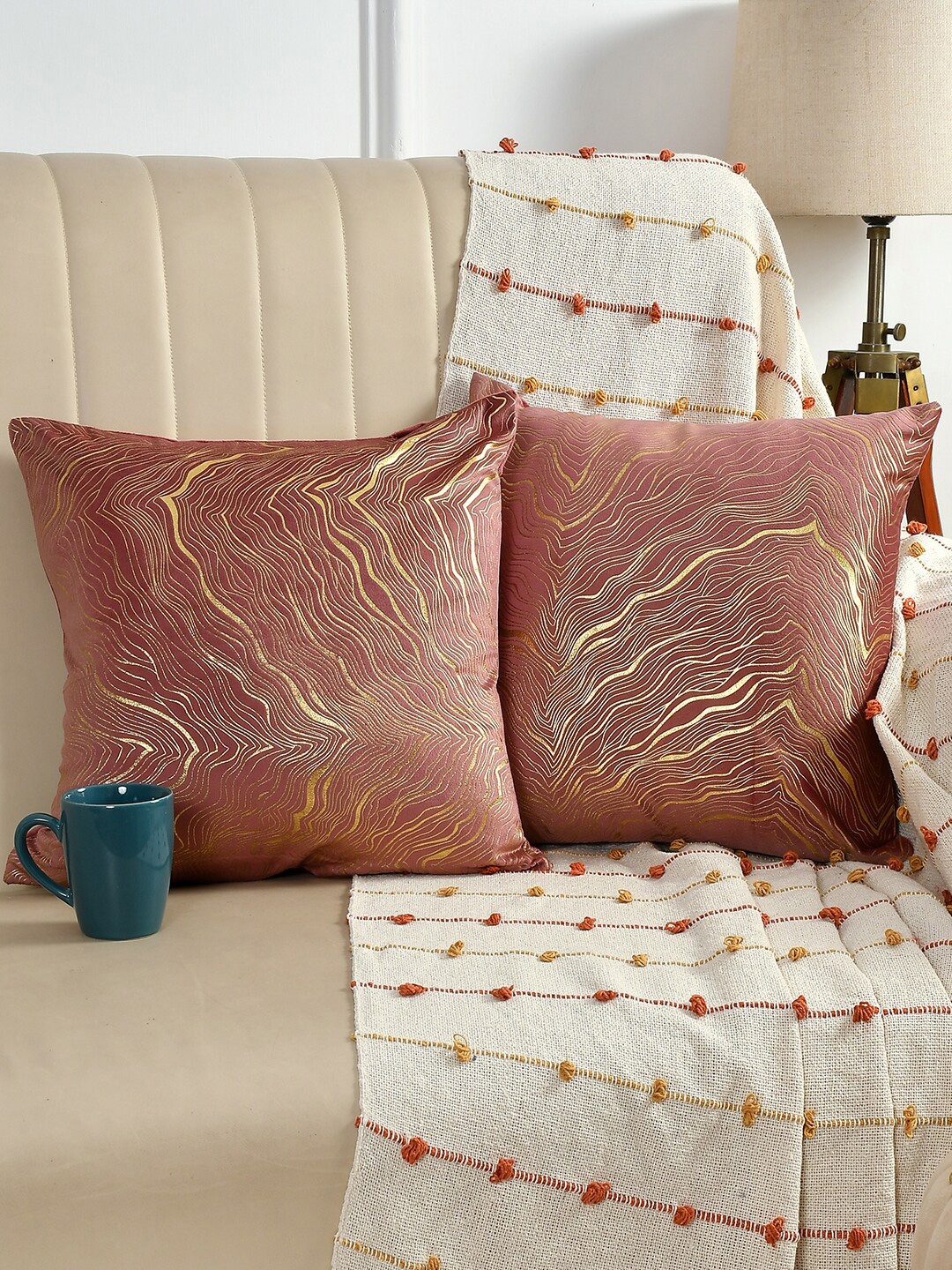 

AEROHAVEN Pink & Gold-Toned 2 Pieces Abstract Printed Velvet Square Cushion Covers