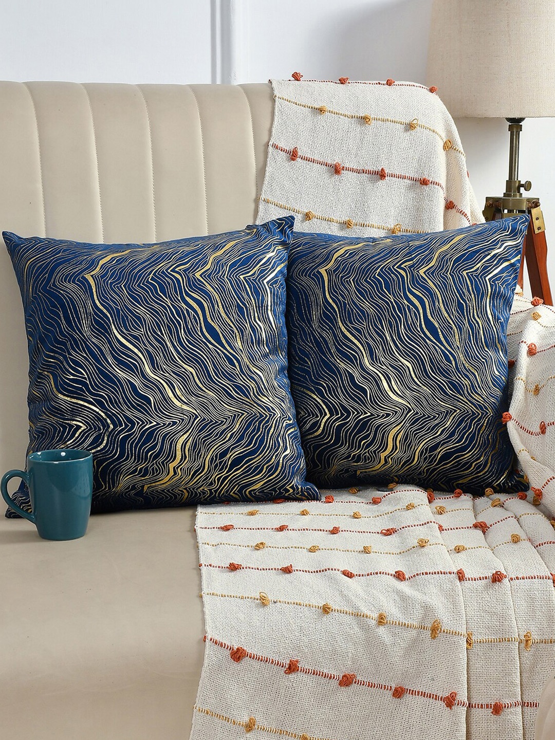 

AEROHAVEN 2 Pcs Blue & Gold-Toned Foil Printed Velvet Square Cushion Covers