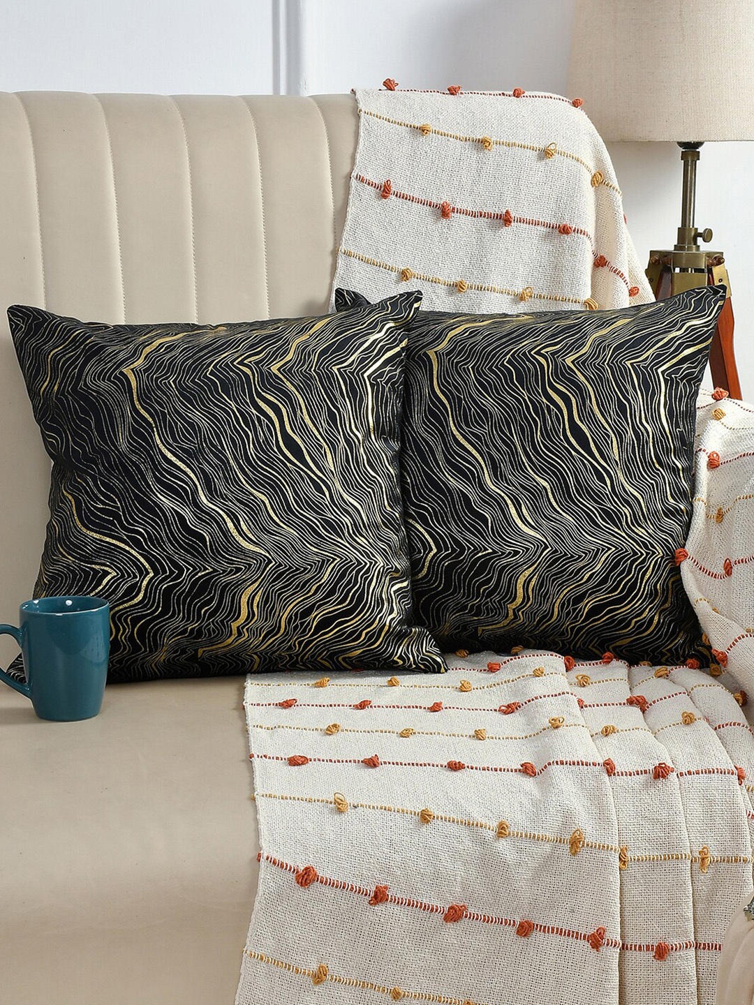 

AEROHAVEN 2 Pcs Black & Gold-Toned Foil Printed Velvet Square Cushion Covers
