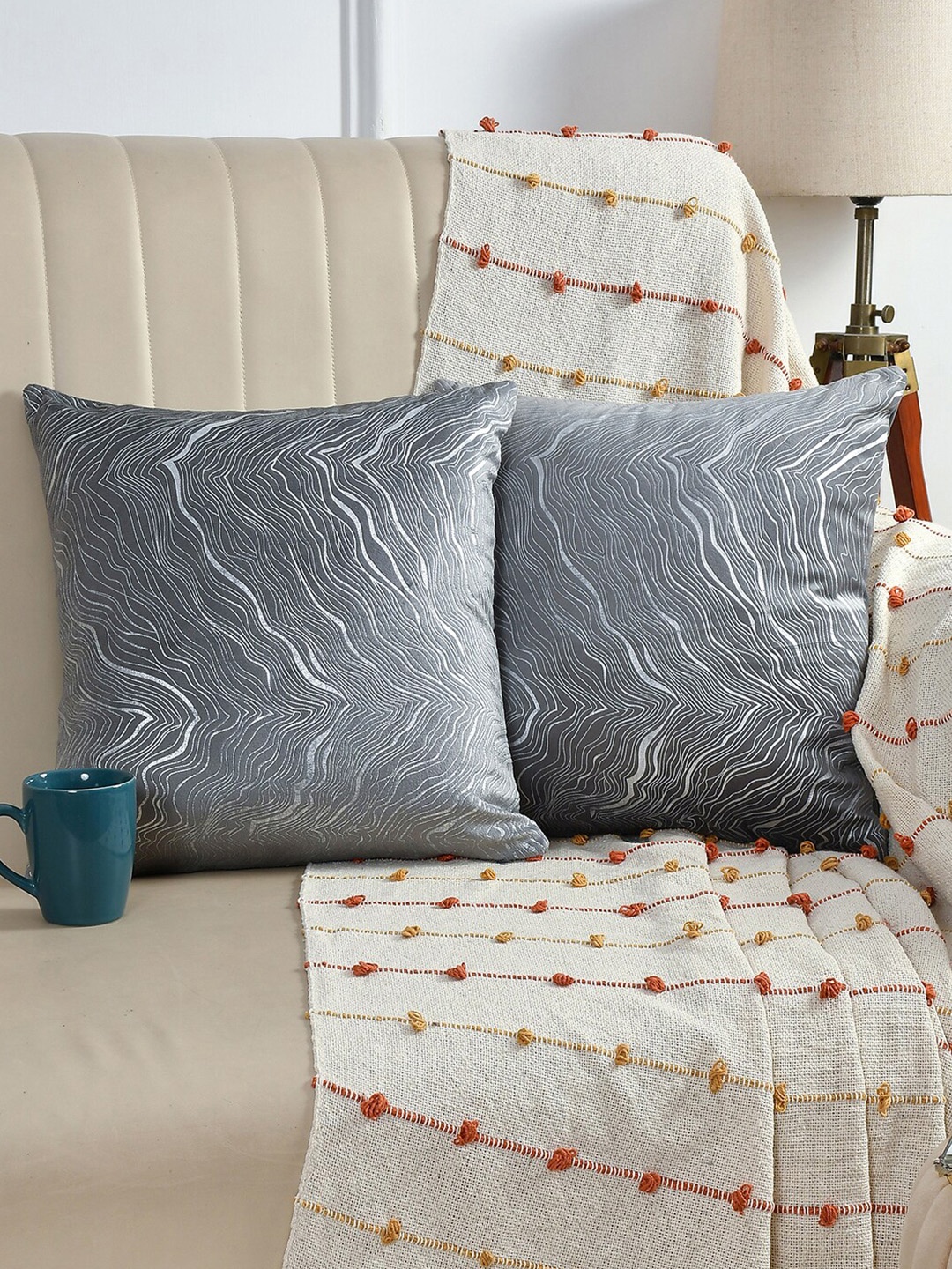 

AEROHAVEN Grey & Gold Toned 2 Pcs Abstract Velvet Square Cushion Covers