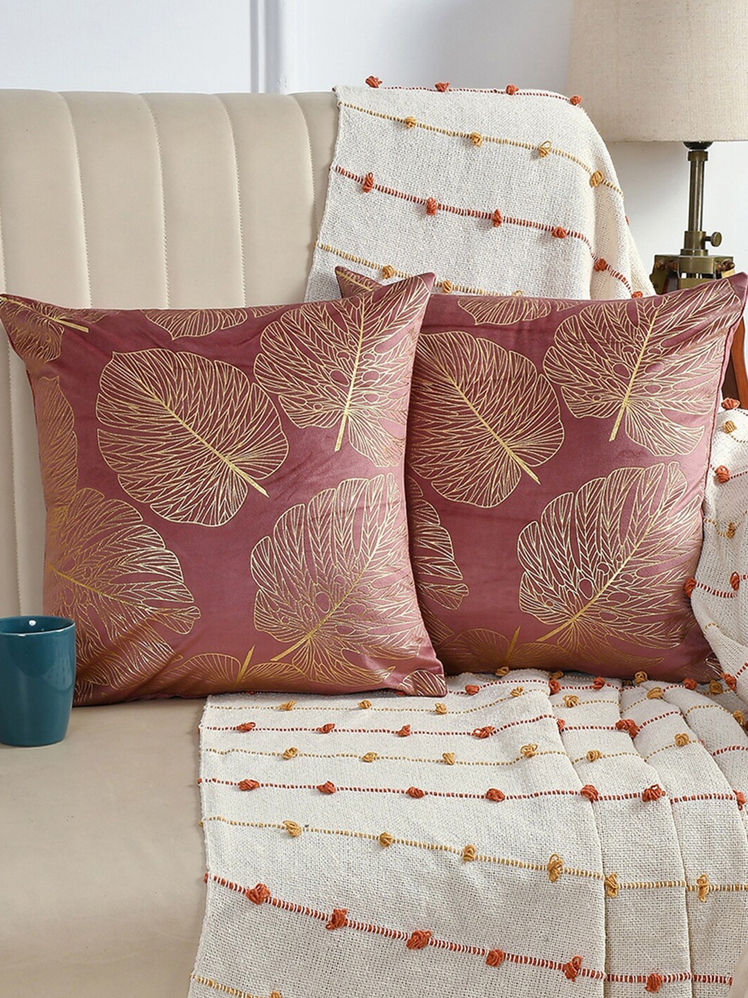 

AEROHAVEN Pink & Gold Toned 2 Pcs Floral Velvet Square Cushion Covers