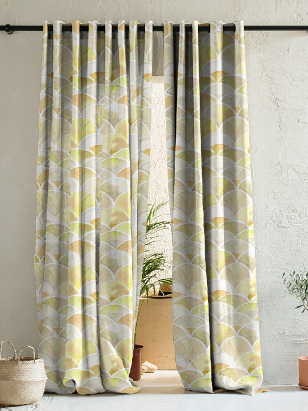 

SPACES 2 Pcs White & Green Geometric Room Darkening Long Door Curtain