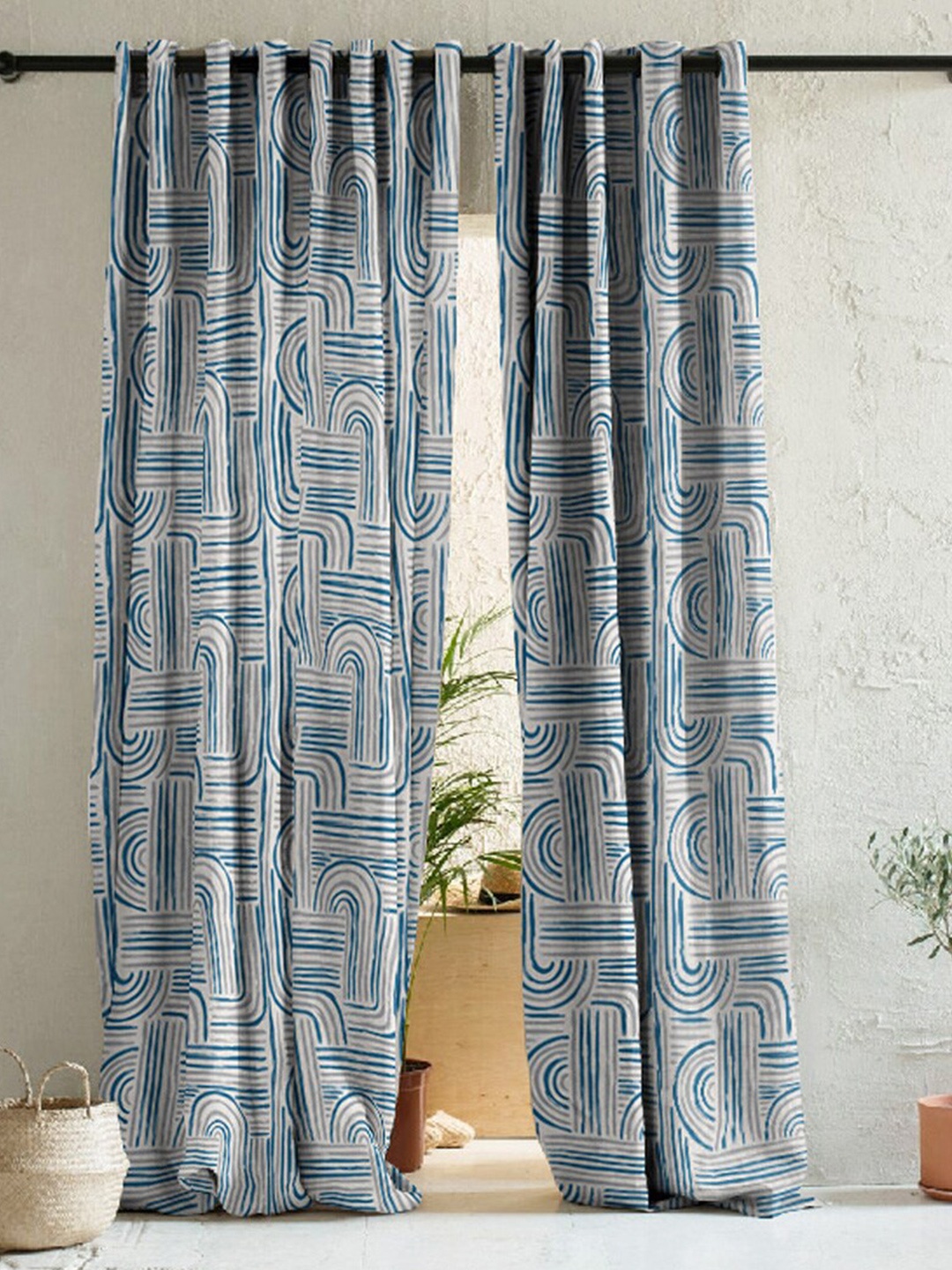 

SPACES 2 Pcs Blue Geometric Room Darkening Long Door Curtain