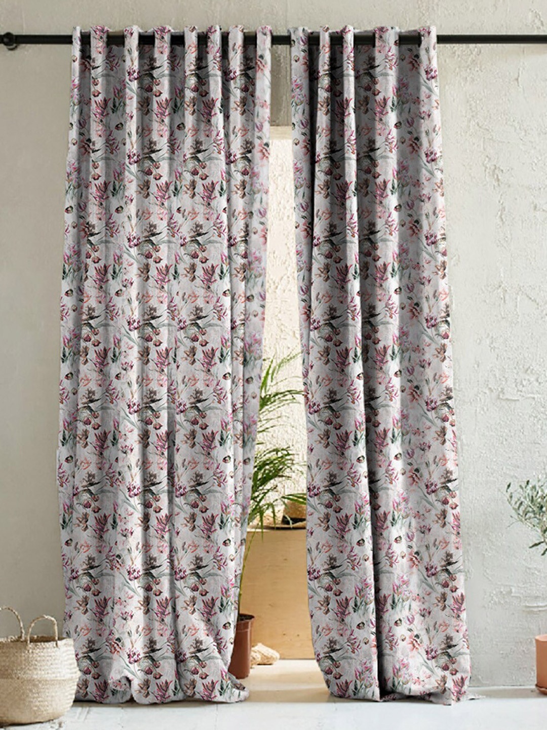 

SPACES 2 Pcs White & Pink Floral Room Darkening Door Curtain