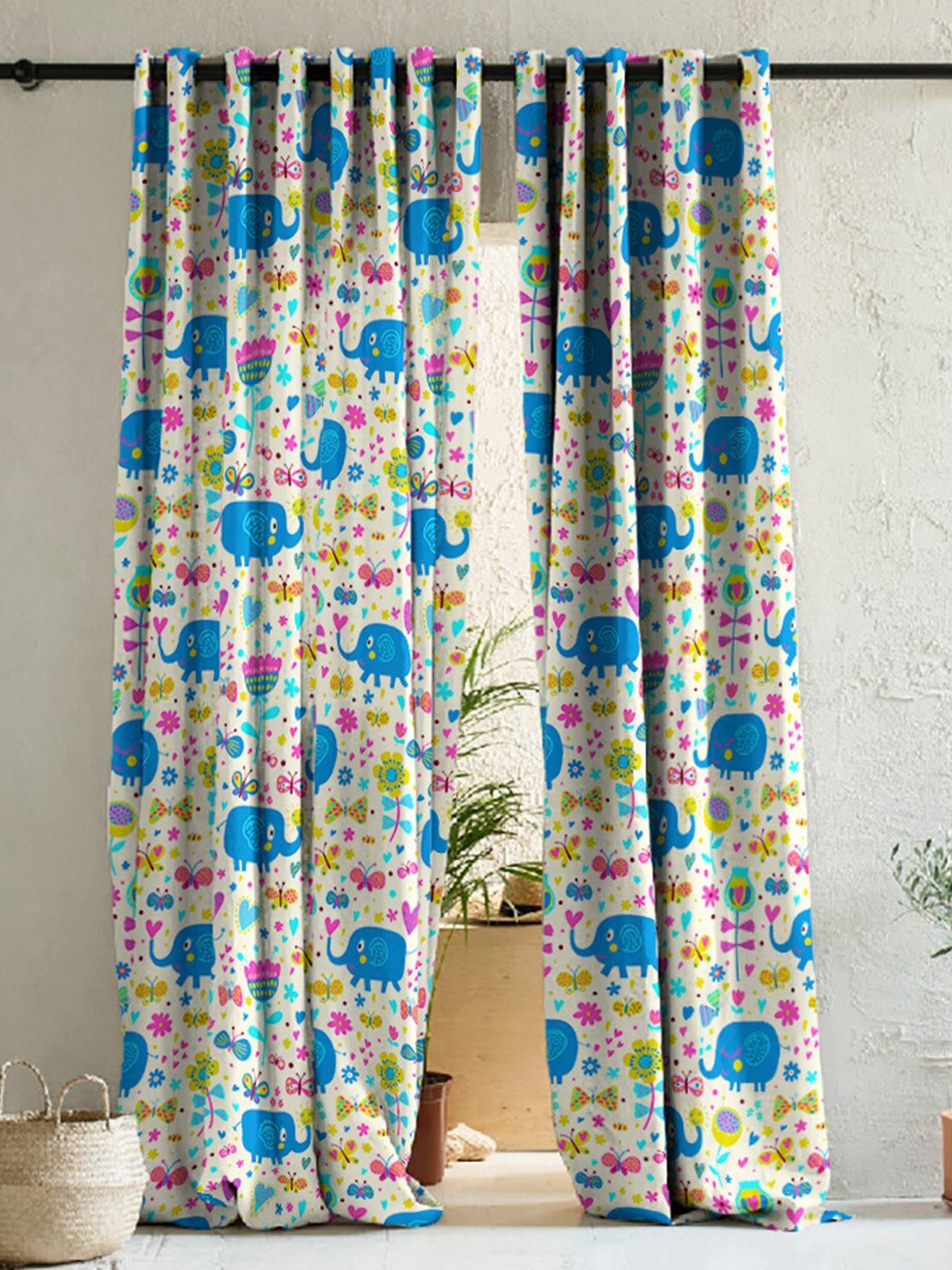 

SPACES Beige & Blue 2 Pieces Quirkey Room Darkening Long Door Curtains