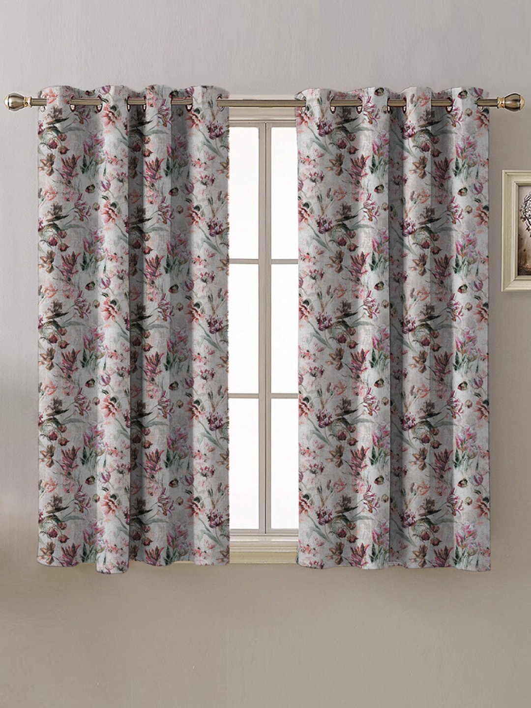 

SPACES 2 Pcs White & Brown Floral Room Darkening Window Curtain