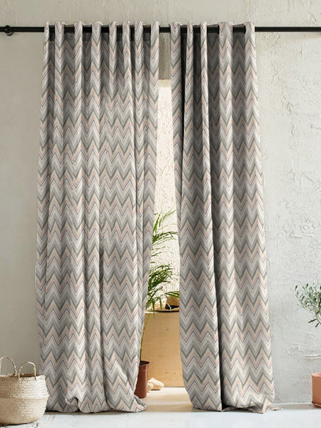 

SPACES Beige & Grey 2 Pieces Geometric Room Darkening Long Door Curtains