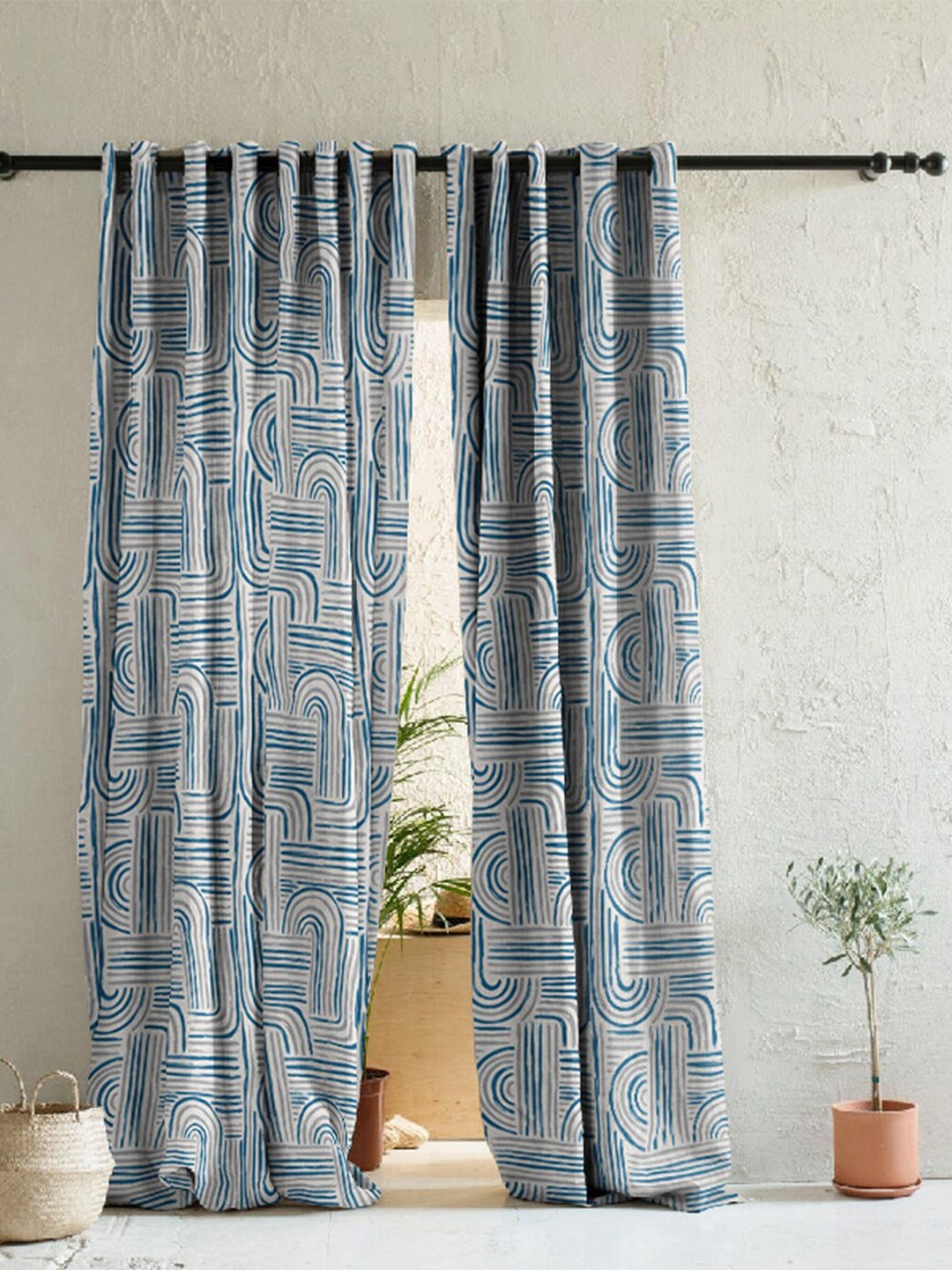 

SPACES White & Blue 2 Pieces Geometric Room Darkening Door Curtains