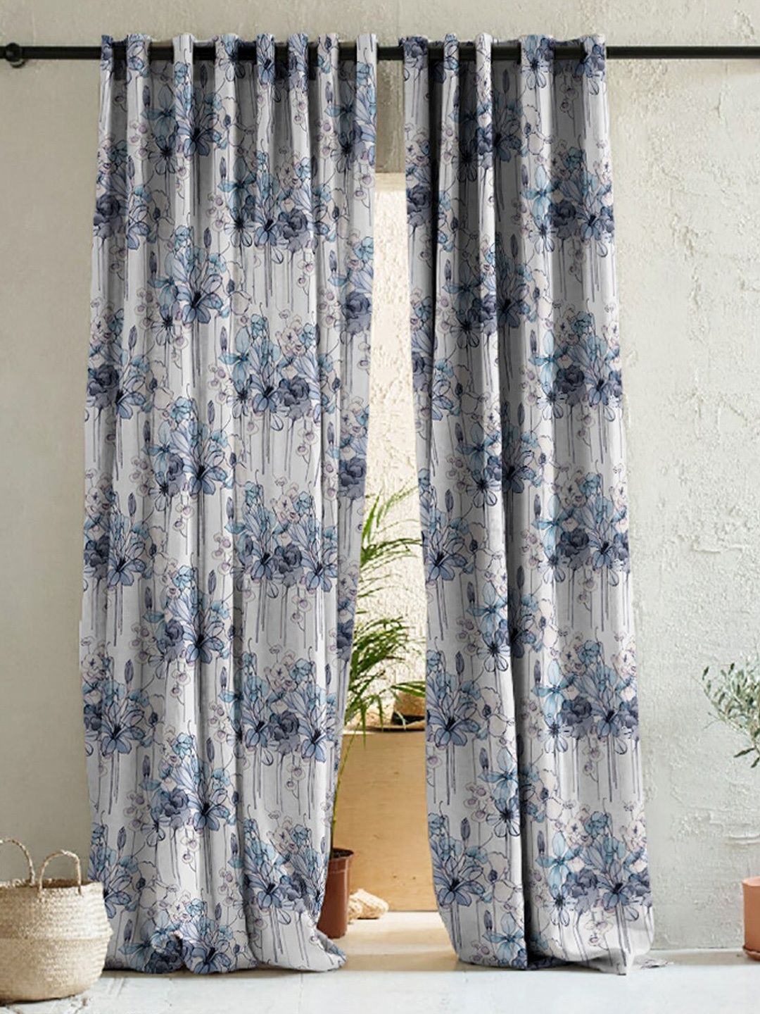 

SPACES White & Navy Blue 2 Pieces Floral Room Darkening Long Door Curtain