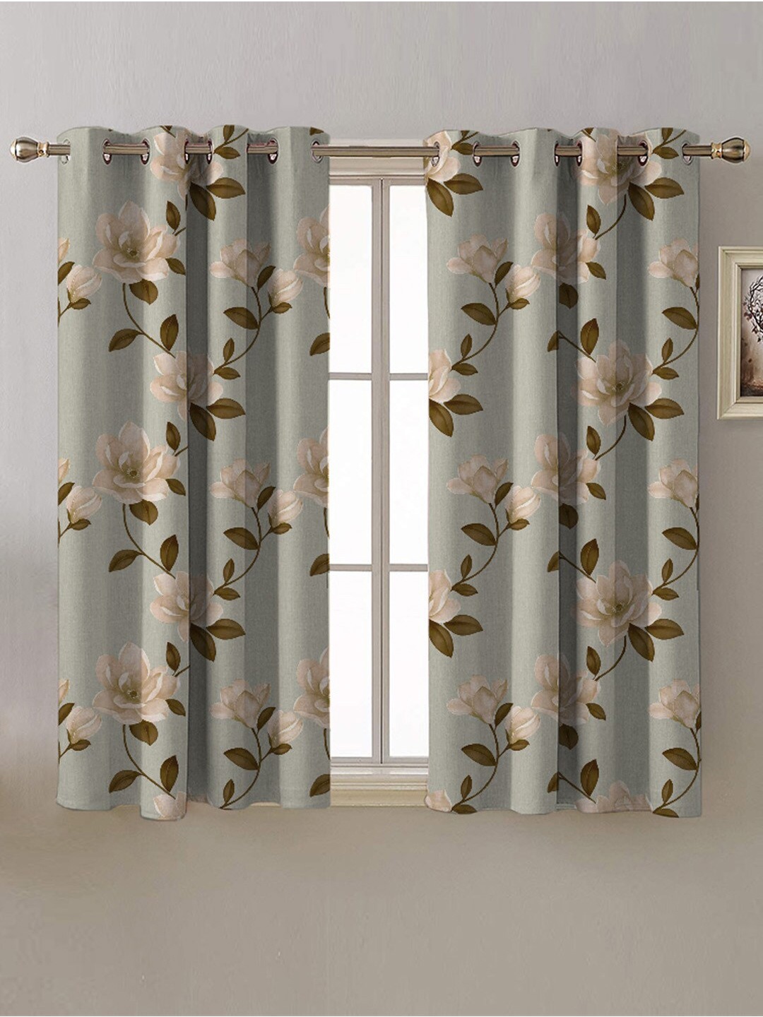 

SPACES 2 Pcs Grey & Beige Floral Room Darkening Window Curtain