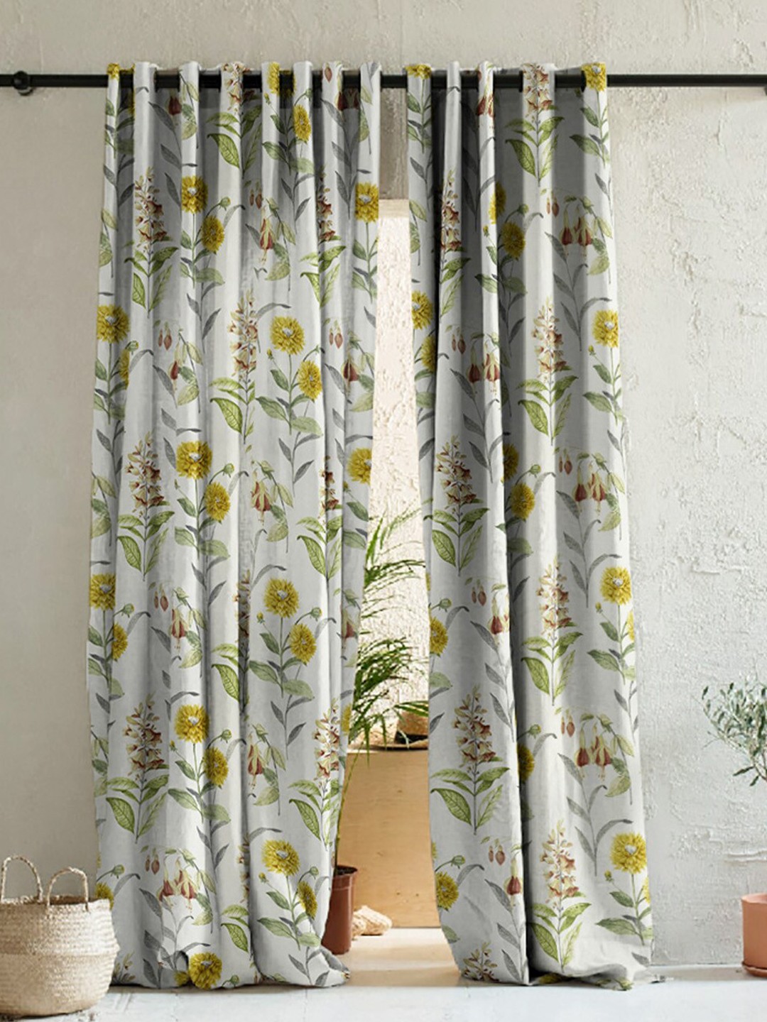

SPACES Yellow & White 2 Pieces Floral Room Darkening Long Door Curtains