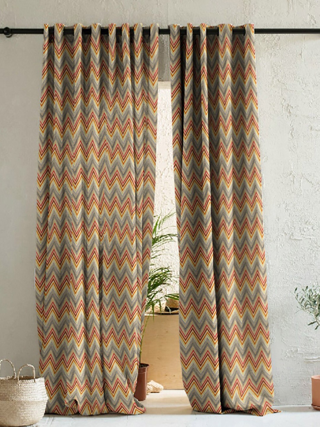 

SPACES 2 Pcs Rust Brown & Grey Geometric Room Darkening Door Curtain