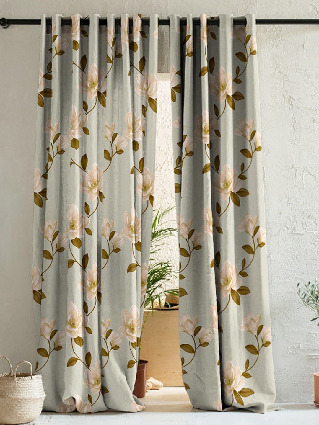 

SPACES Beige & Grey 2 Pieces Floral Room Darkening Long Door Curtains