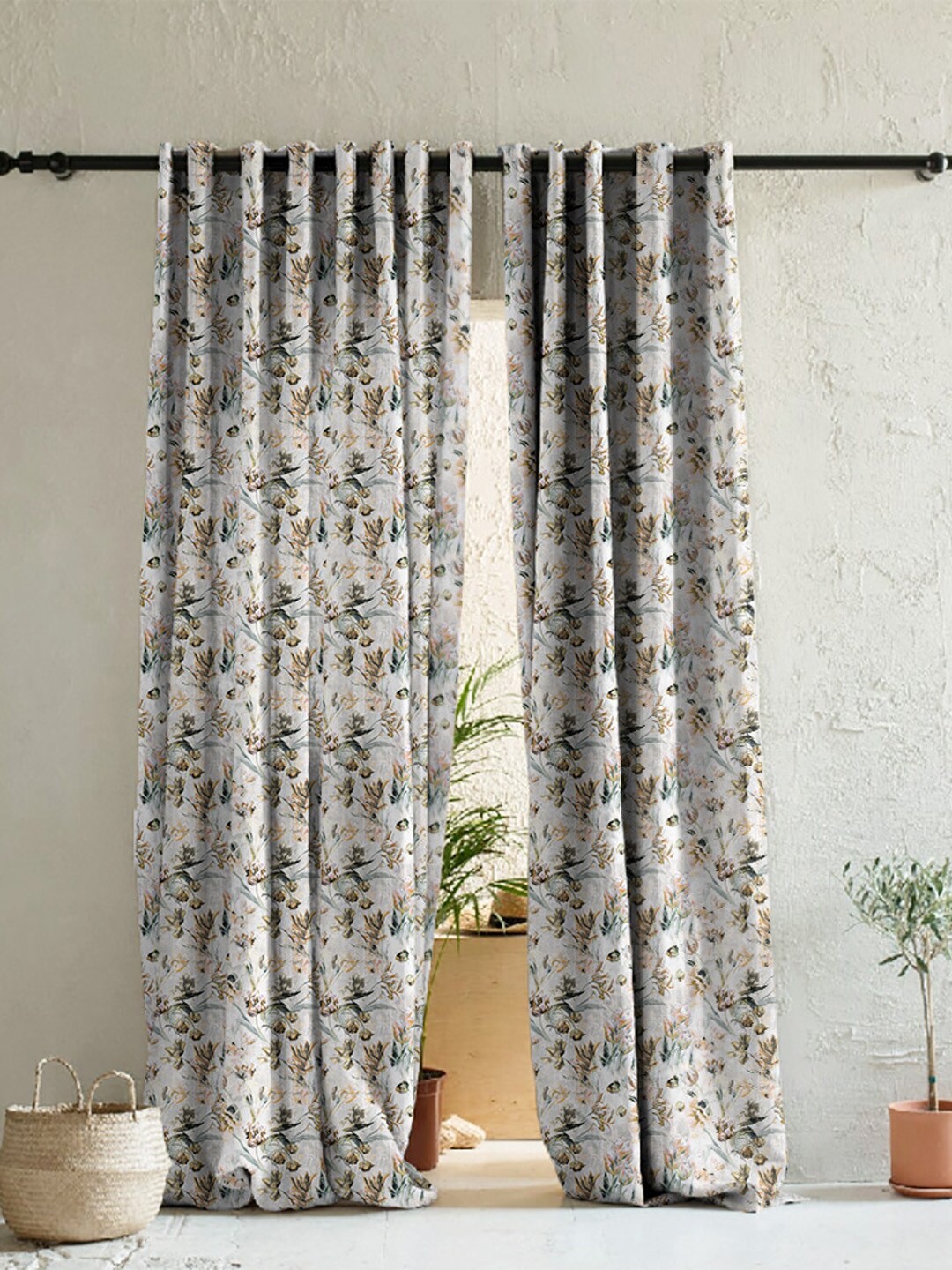 

SPACES 2 Pcs White & Brown Floral Room Darkening Door Curtain