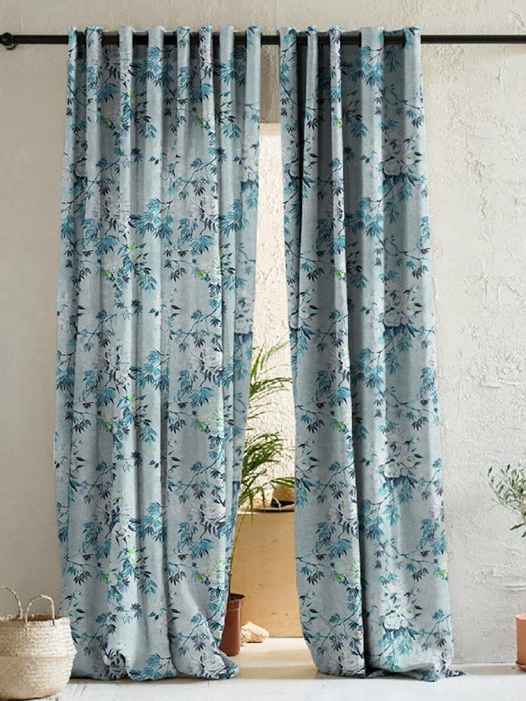 

SPACES 2 Pcs Blue Floral Room Darkening Long Door Curtain