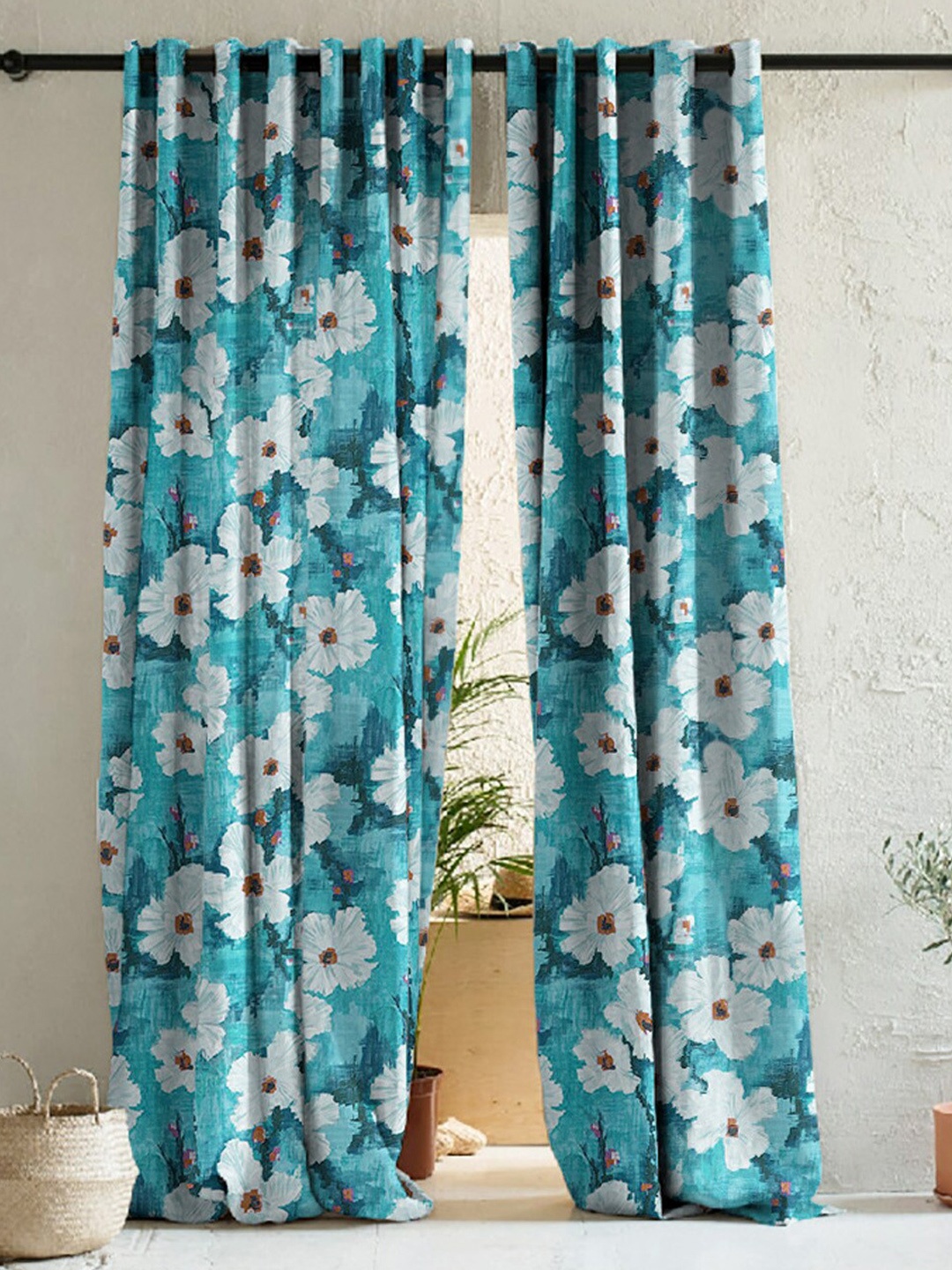 

SPACES Blue & White 2 Pieces Floral Room Darkening Long Door Curtains