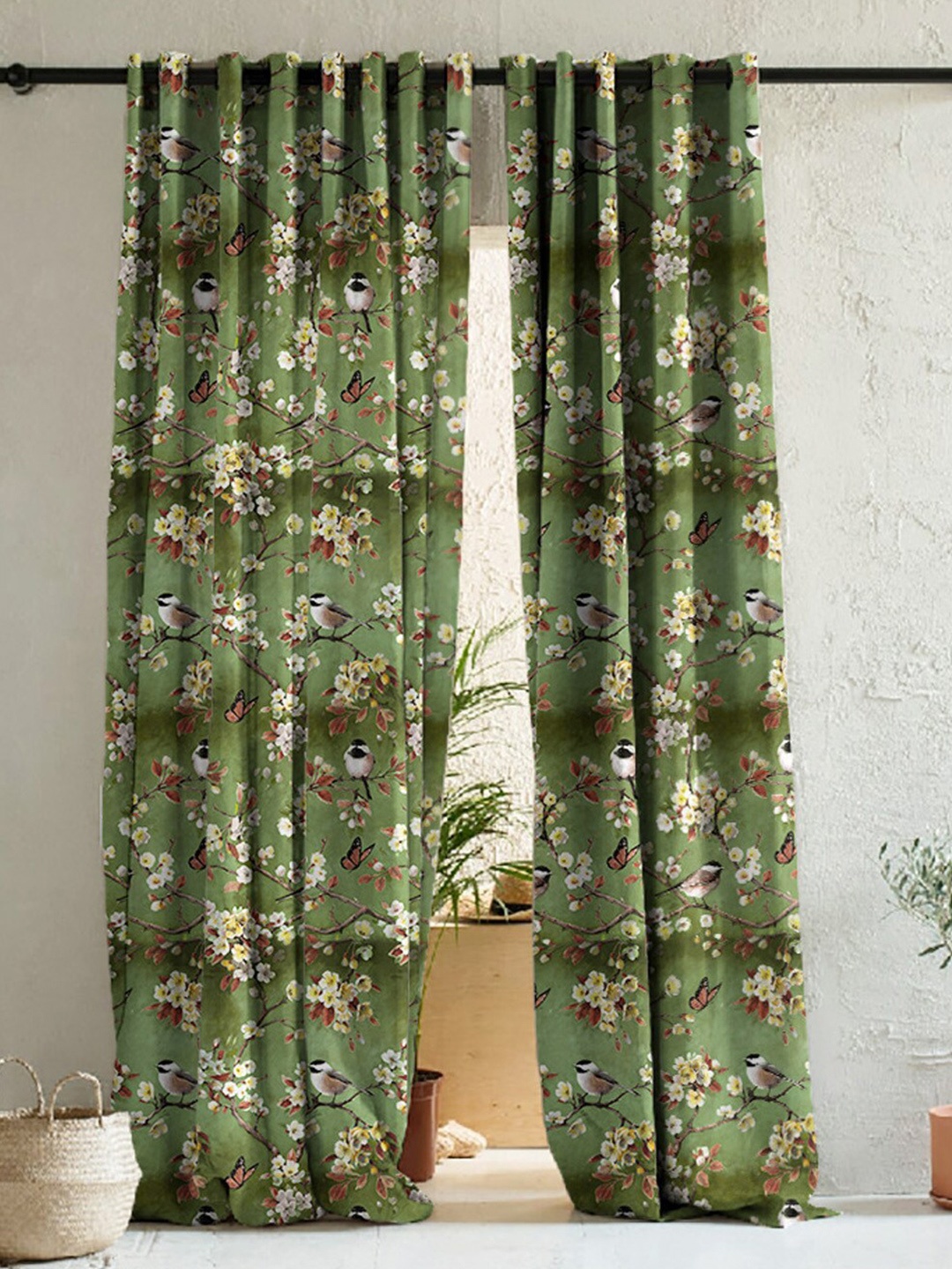 

SPACES White & Green 2 Pieces Floral Room Darkening Door Curtains