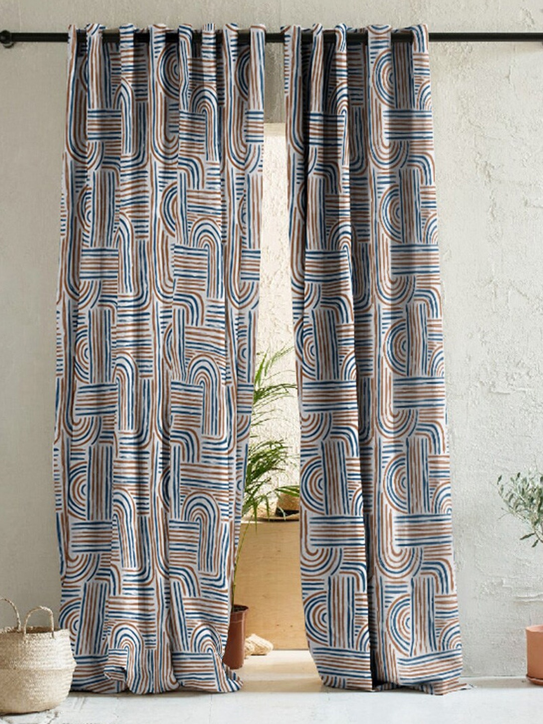 

SPACES Brown & White 2 Pieces Geometirc Room Darkening Long Door Curtains