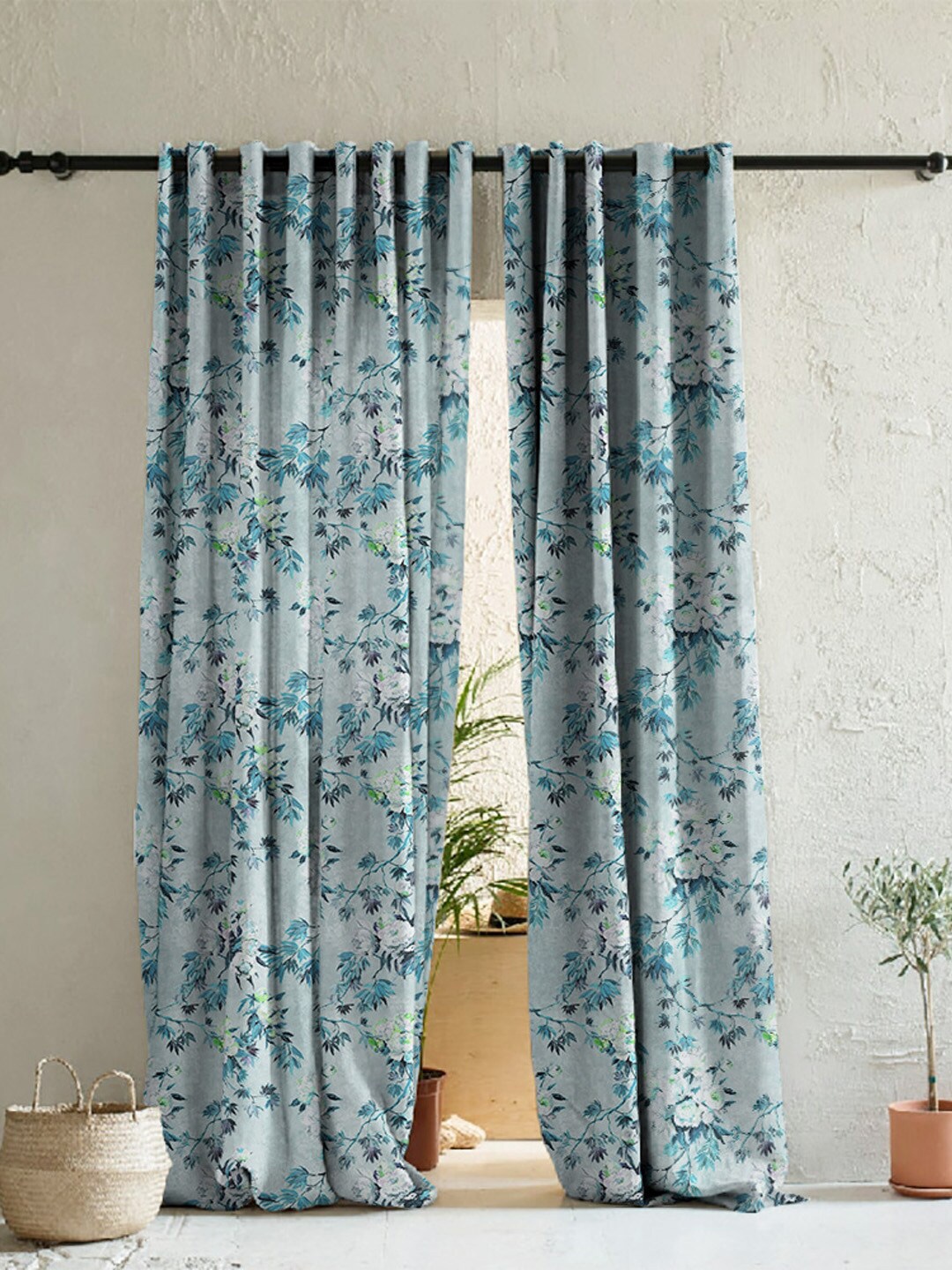 

SPACES 2 Pcs Blue Floral Room Darkening Door Curtain