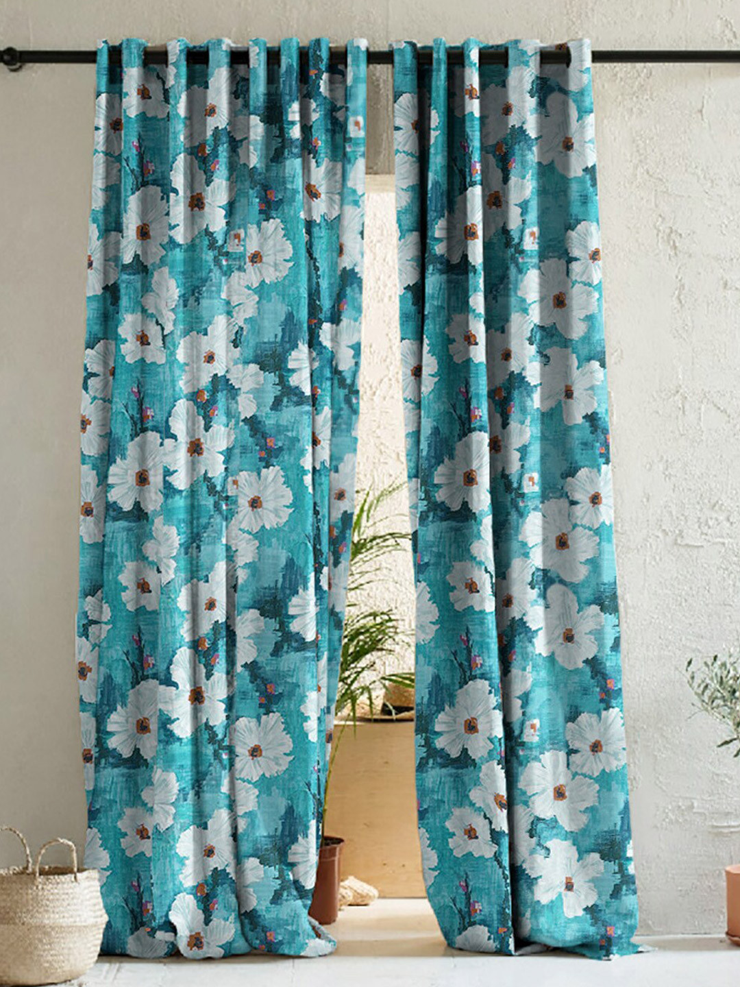 

SPACES Blue & White 2 Pieces Floral Room Darkening Door Curtains