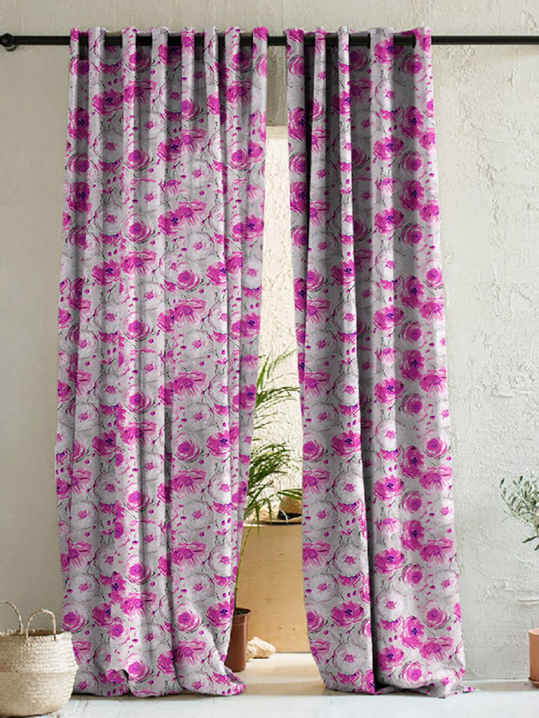 

SPACES 2 Pcs Grey & Pink Floral Room Darkening Door Curtain