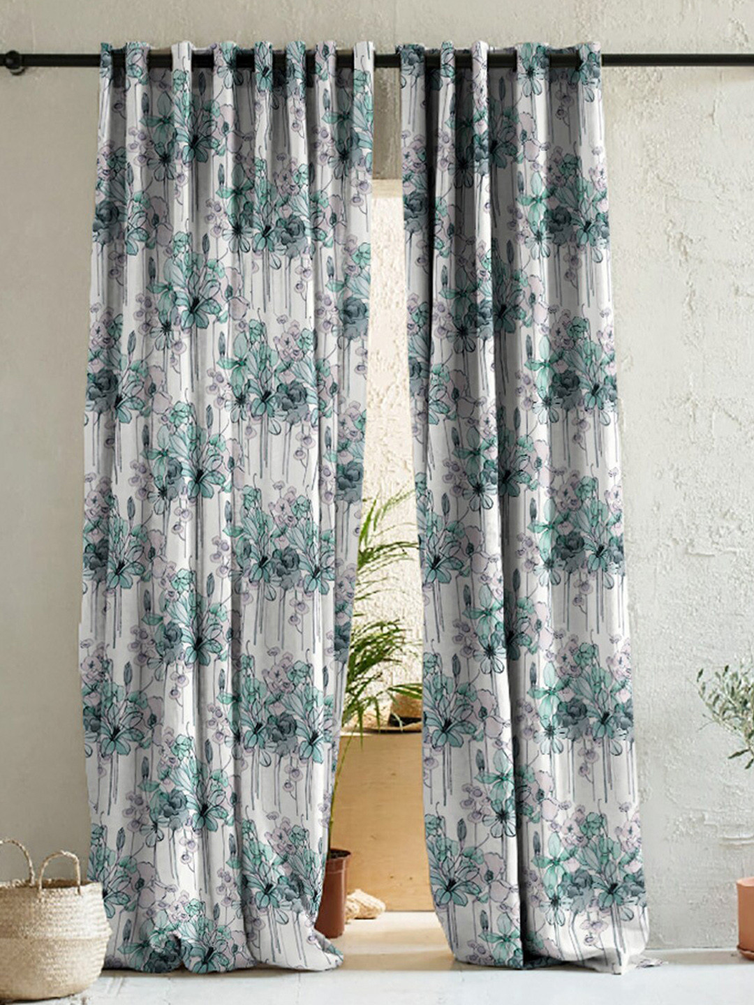 

SPACES Green & White 2 Pieces Floral Room Darkening Long Door Curtains