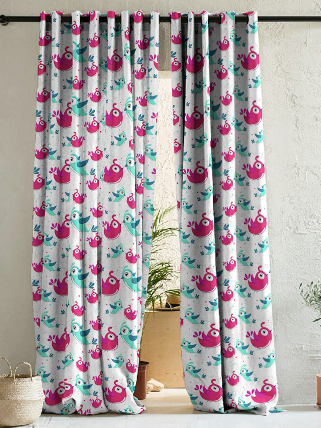 

SPACES White & Pink 2 Pieces Quirky Room Darkening Long Door Curtains