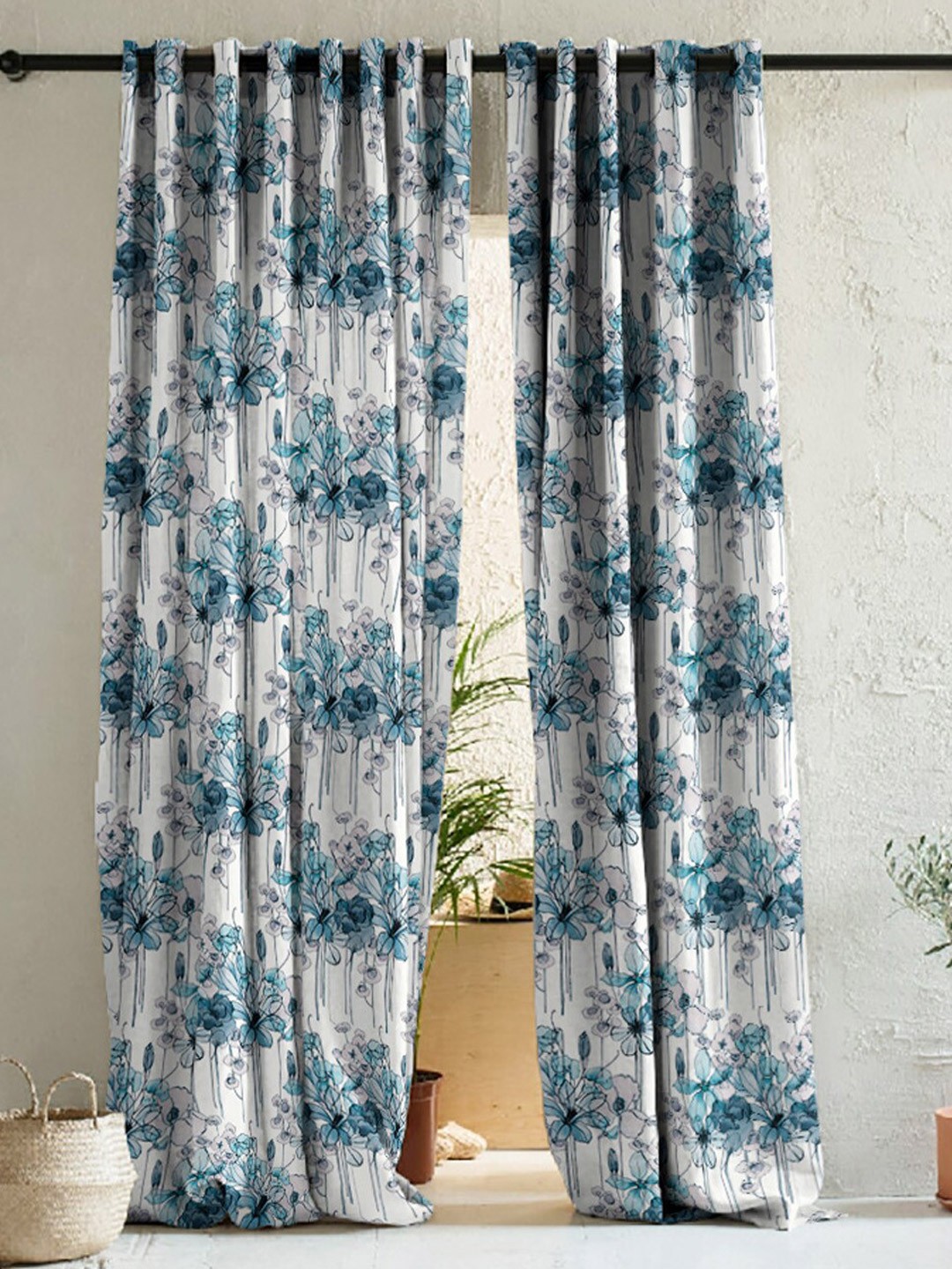 

SPACES White & Blue 2 Pieces Floral Room Darkening Door Curtains