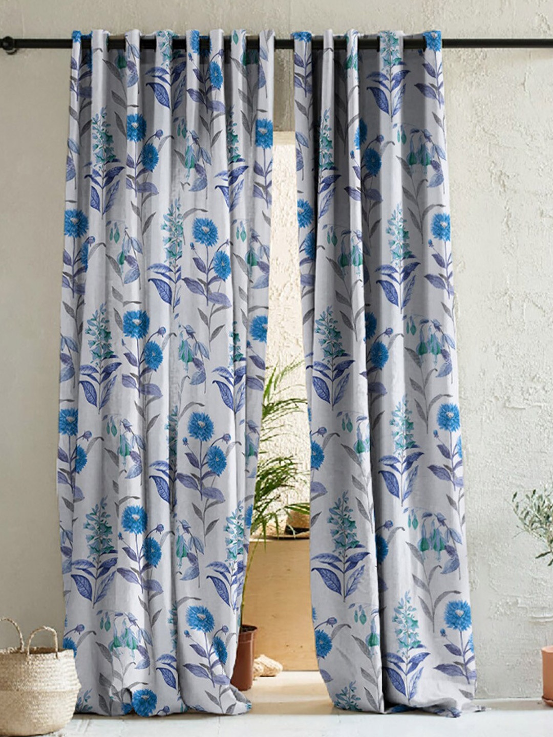 

SPACES Blue & White 2 Pieces Floral Room Darkening Long Door Curtain
