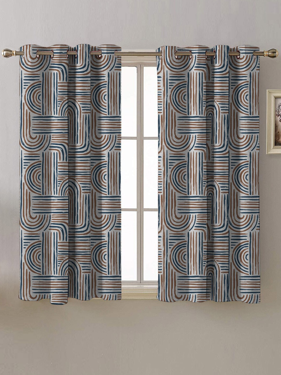

SPACES Brown & Blue 2 Pieces Geometric Room Darkening Window Curtains