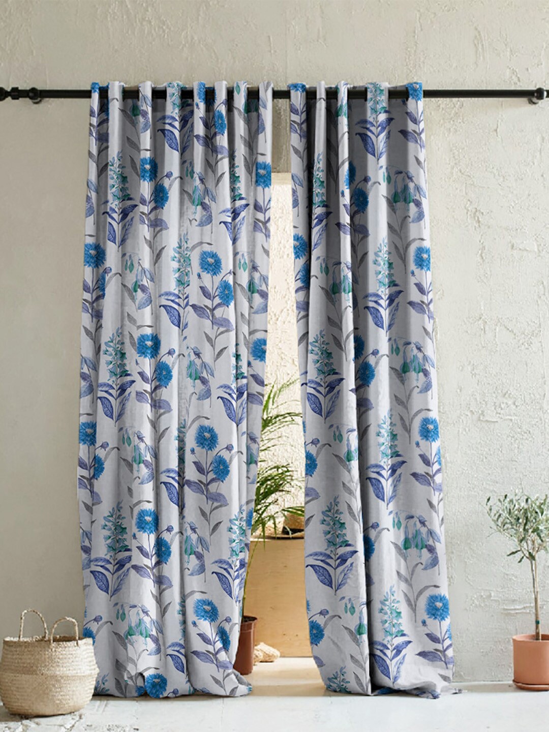 

SPACES White & Blue 2 Pieces Floral Room Darkening Door Curtains