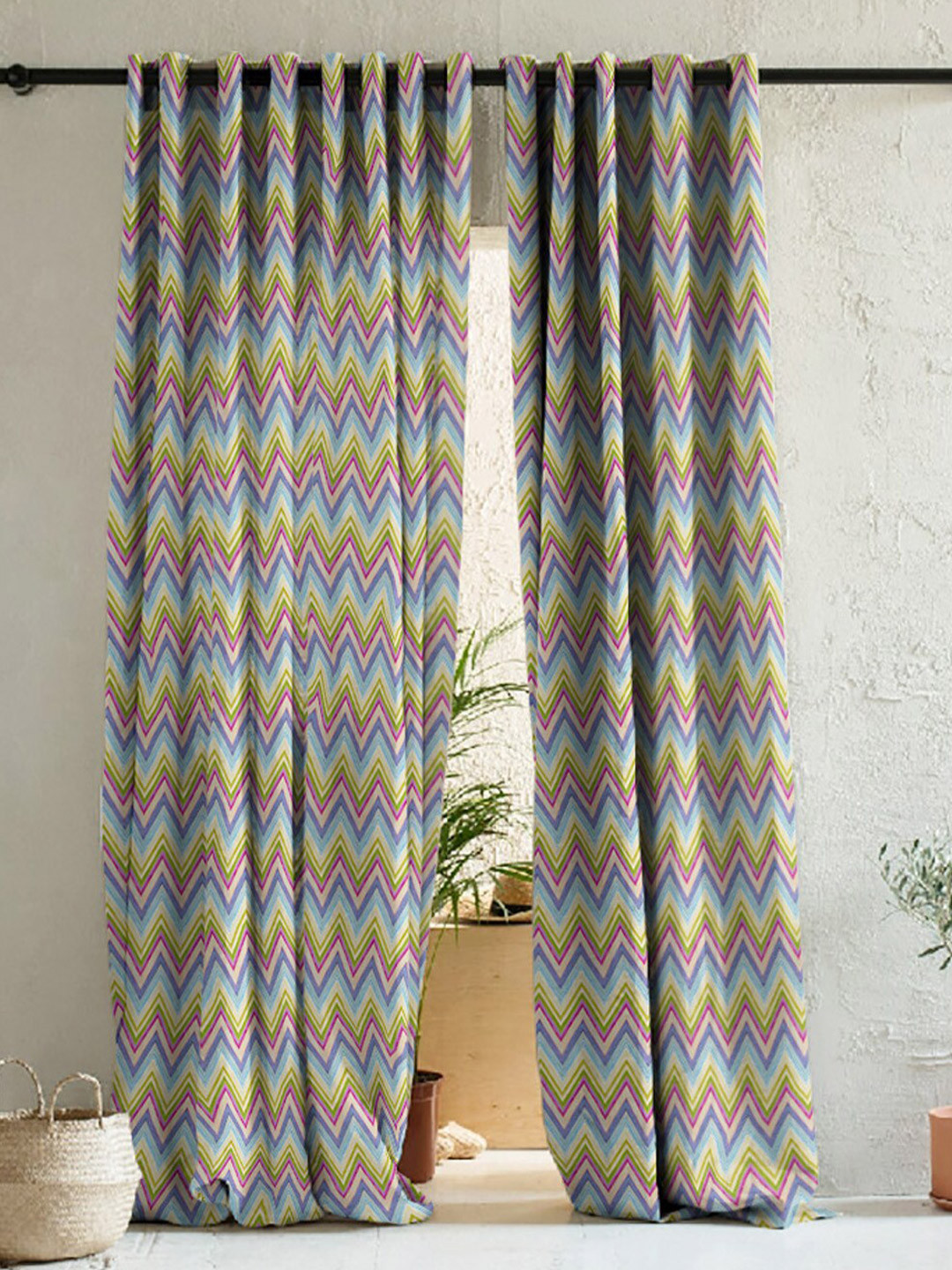 

SPACES 2 Pcs Blue & Green Geometric Room Darkening Long Door Curtain