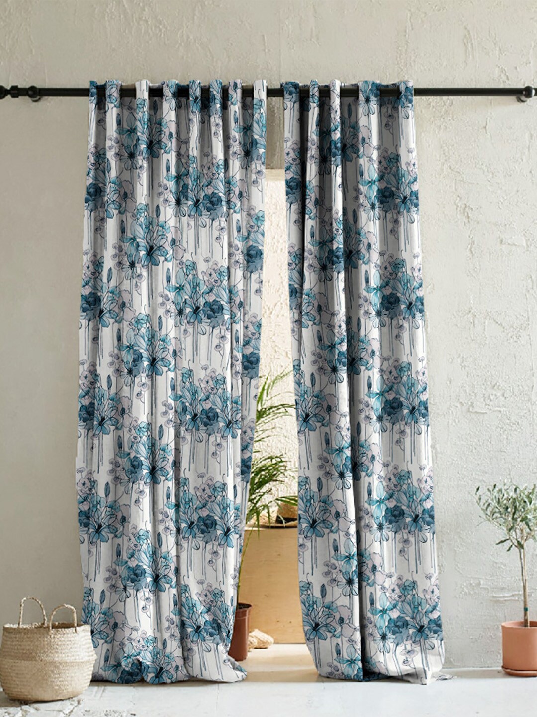

SPACES White & Blue 2 Pieces Floral Room Darkening Long Door Curtains