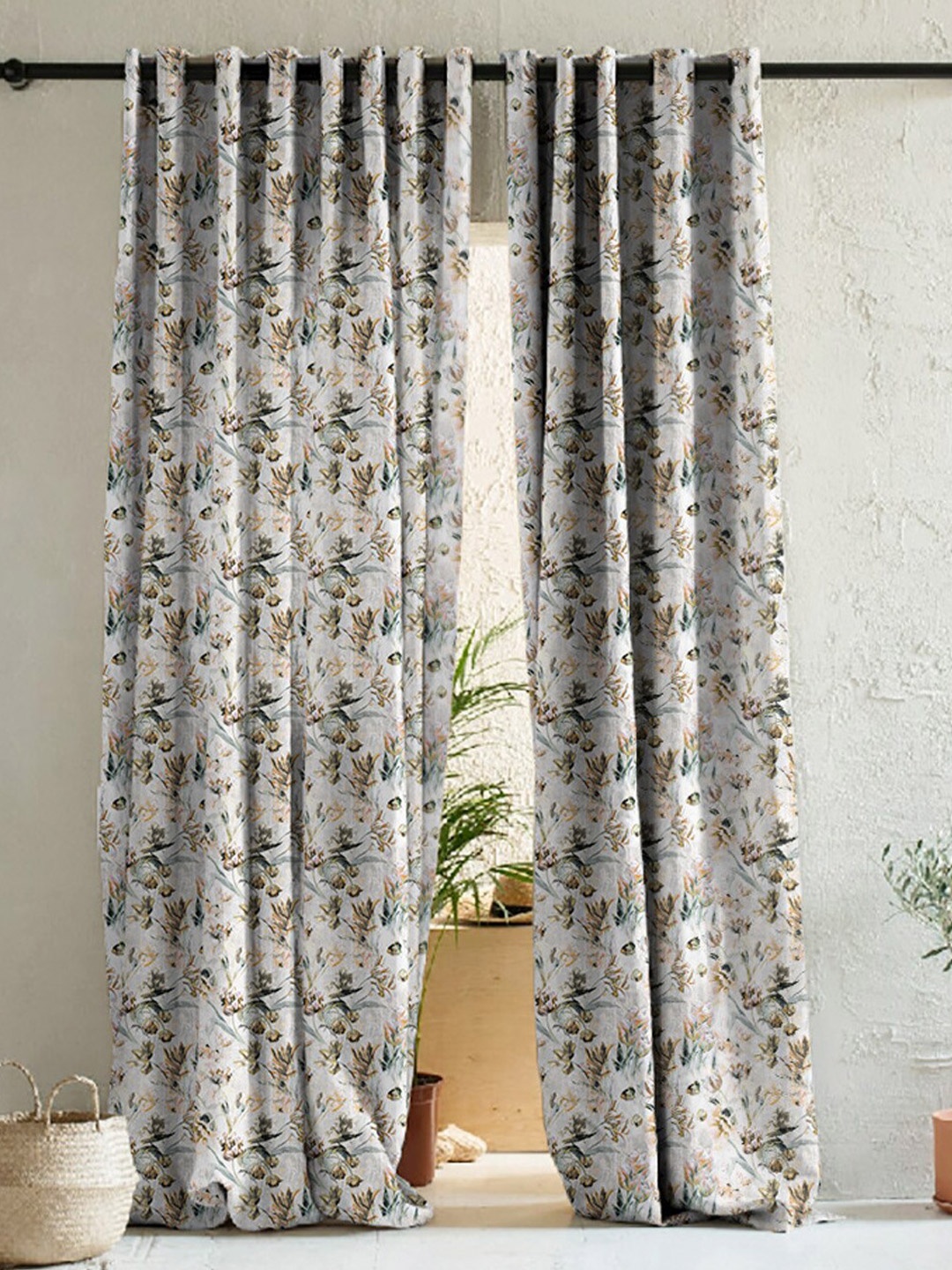 

SPACES White & Olive 2 Pieces Floral Room Darkening Long Door Curtains