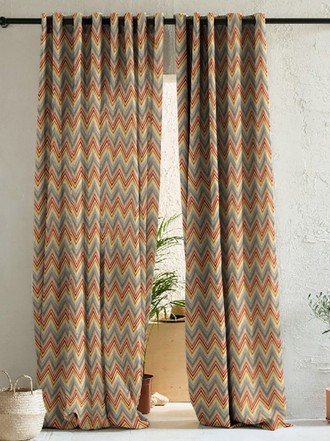 

SPACES 2 Pcs Rust Brown & Grey Geometric Room Darkening Window Curtain