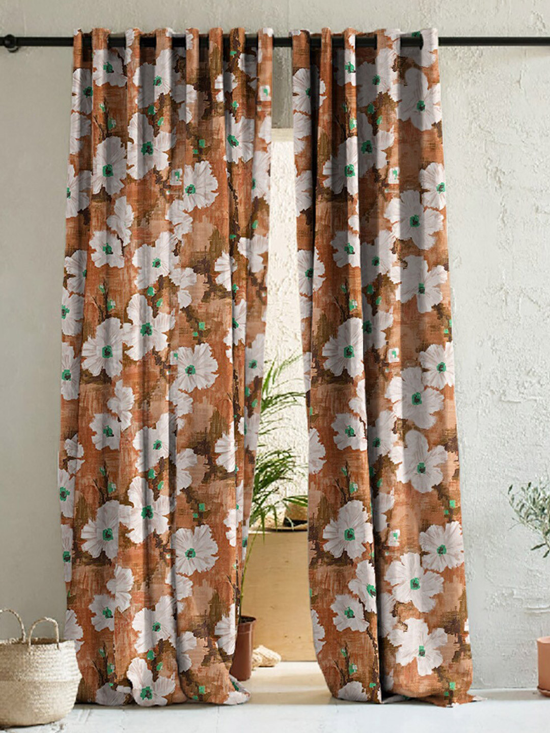 

SPACES Rust & White 2 Pieces Floral Room Darkening Door Curtains