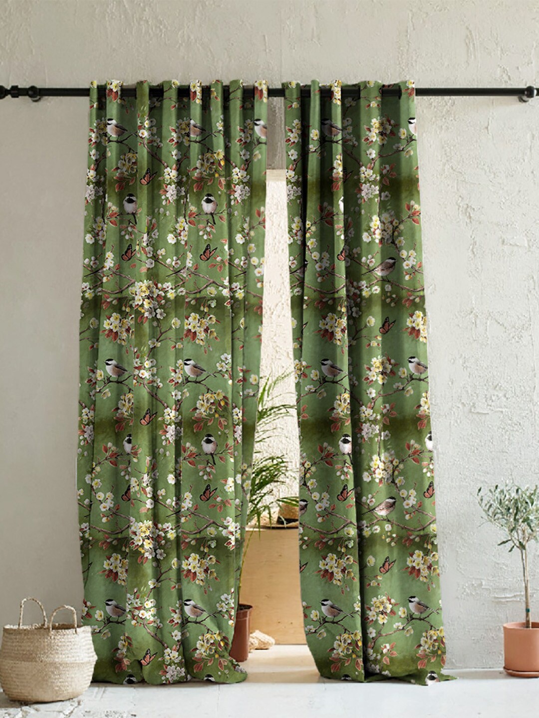 

SPACES Green & White 2 Pieces Floral Room Darkening Long Door Curtains