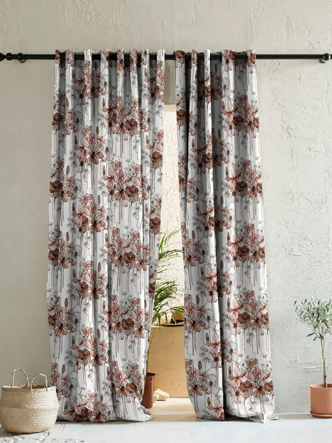 

SPACES White & Brown 2 Pieces Floral Room Darkening Door Curtains